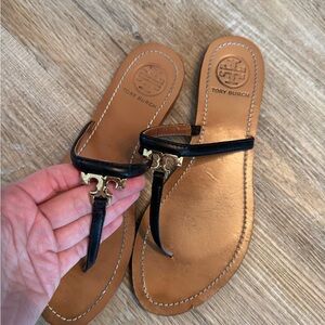 Size 7.5 Tory Burch Black and Gold Logo Sandals